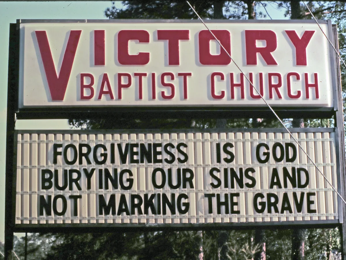 The vintage Victory Baptist Church roadside sign with its message board